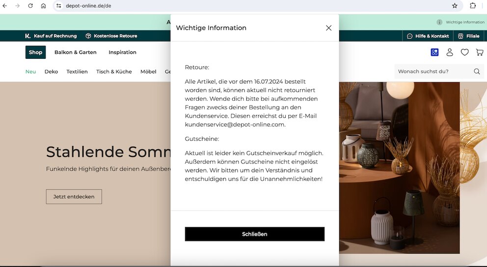 Auf der Website informiert das Unternehmen, dass derzeit keine Retouren möglich sind