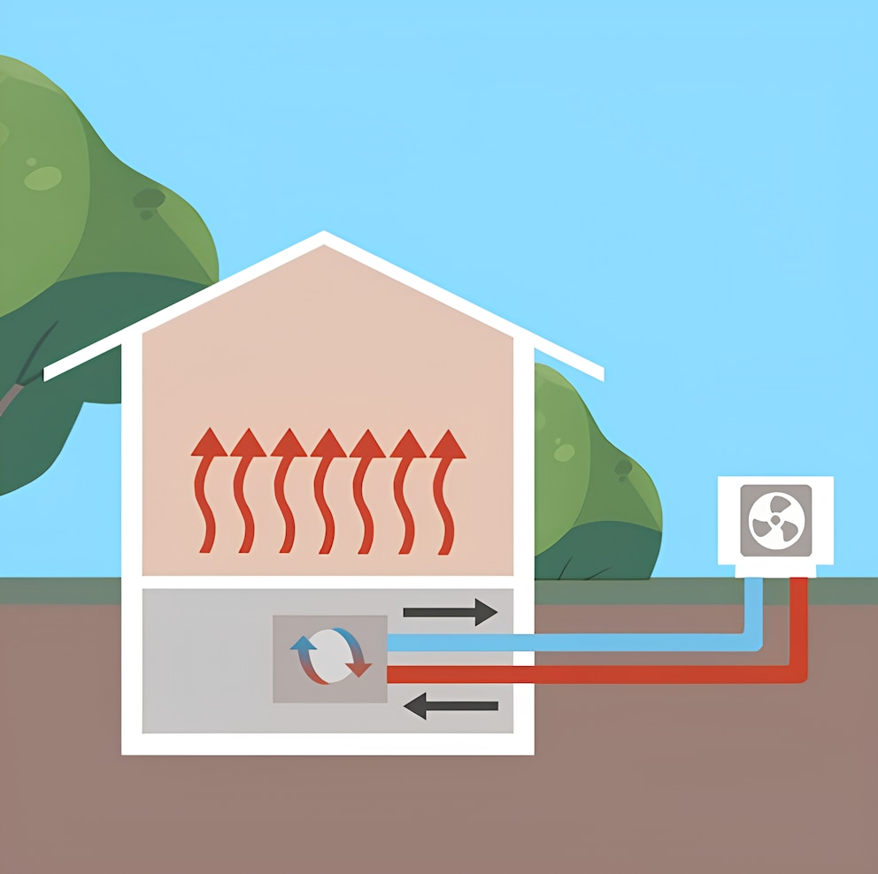 Eine Wärmepumpe entzieht der Außenluft Wärme – selbst bei niedrigen Temperaturen. Diese Wärme wird durch ein Kältemittel und einen Verdichter auf eine höhere Temperatur gebracht und dann an das Heizungswasser abgegeben, um das Gebäude zu beheizen