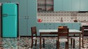 Türkis-farbener Kühlschrank einer stylischen Küche