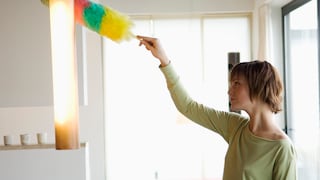 Frau mit Staubwedel beim Putzen