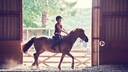 Grundausstattung Reitunterricht: Ein M&auml;dchen reitet auf einem Pferd auf einem Sandplatz im Stall