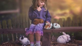 Welches Haustier ist das richtige für das Kind? Mädchen mit Kaninchen und Meerschweinchen