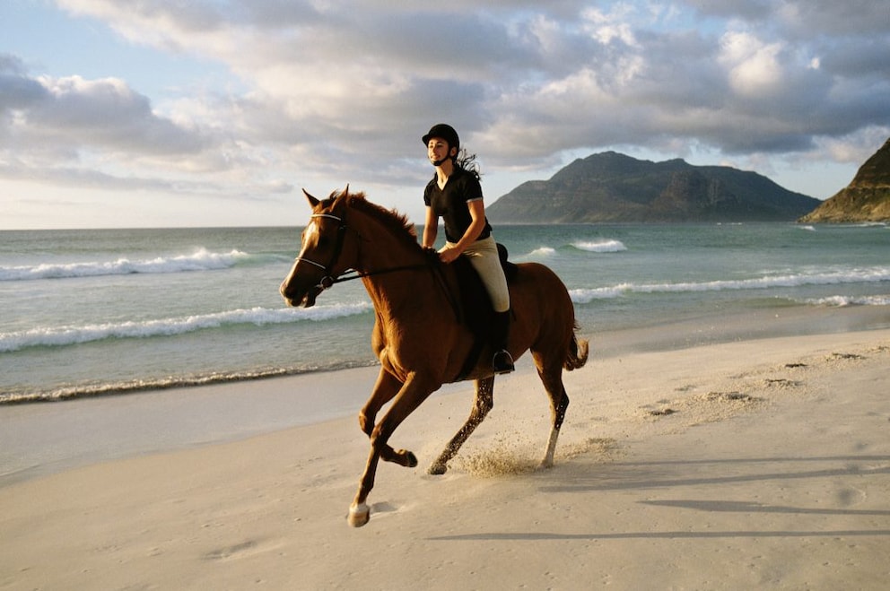 A rider takes a fast ride with her horse on the beach