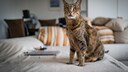 Savannah-Katze auf dem Bett