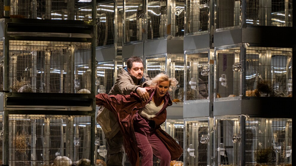 Eine Aufführung der Berliner Staatsoper mit Kaninchen in Käfigen
