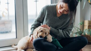 Frau streichelt und kuschelt mit Hund