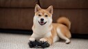 Ein Shiba Inu hält einen Videospiel-Controller zwischen seinen Pfoten