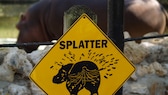 Ein Schild warnt vor der Eigenart der Flusspferde, ihren Kot zu versprühen