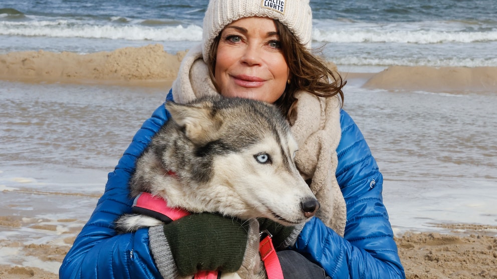 Gerit Kling und ein Husky beim Hundeschlittenrennen am Strand