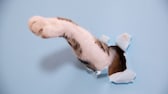 Eine Katzenpfote ragt durch ein Loch in der Wand
