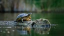 Gelbbauch-Schmuckschildkröte auf einem Teich
