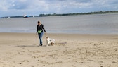 Manuela Lieflaender mit Junghund Elvis am Elbstrand Bassenfleth