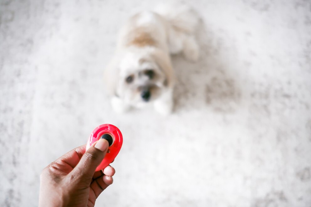 Ein Mensch hält einen Klicker in der Hand. Ein Hund schaut zu