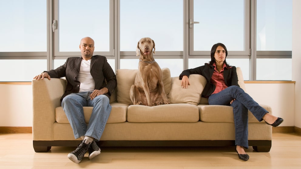 Ein Hund sitzt mit einem getrennten Paar auf der Couch