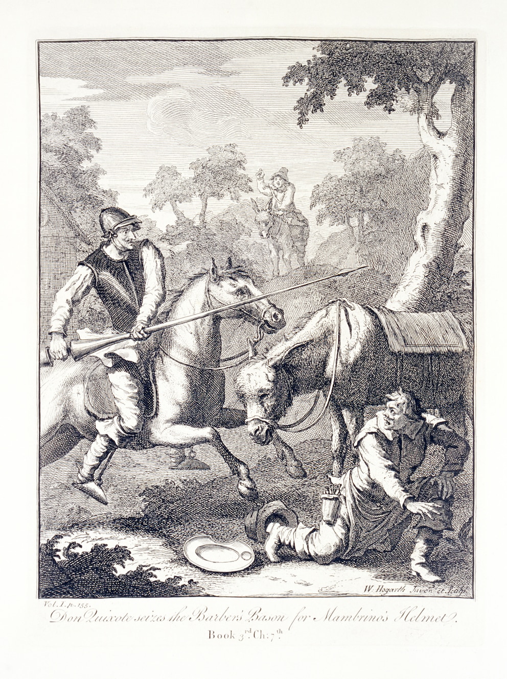 Don Quixote sitzt auf Rosinante und greift einen Baum an