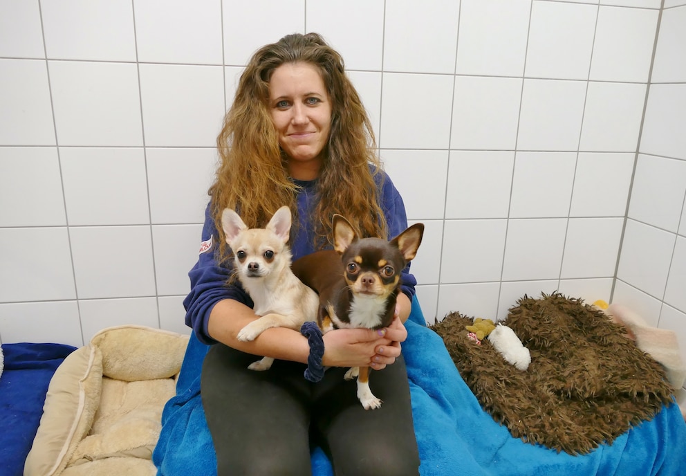 Welpe Amandus mit seiner neuen Familie: Halterin Julia Numberger und Hündin Philomena.