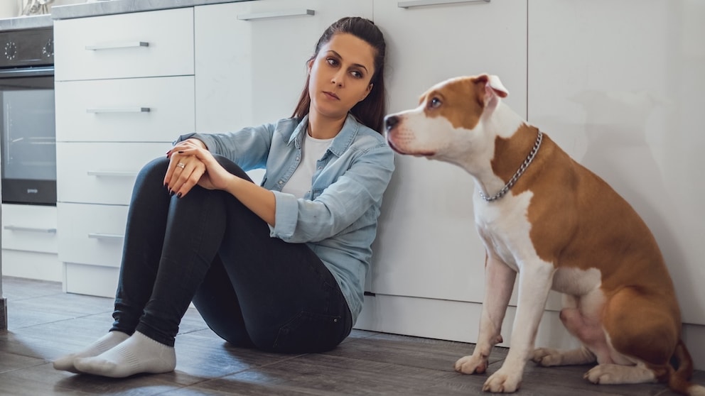 Eine traurige Frau sitzt neben ihrem Hund auf dem Küchenboden