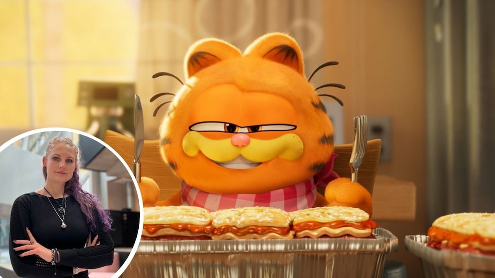 Garfield beim Lasagne-Essen aus dem Film „Garfield – Eine extra Portion Abenteuer“