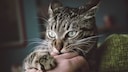 Grau getigerte Katze beißt in eine Hand