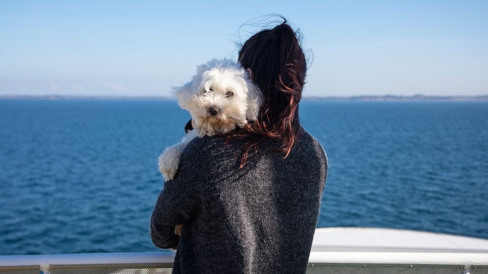 Frau mit weißem Hund auf dem Arm steht auf dem Deck einer Fähre und schaut aufs Meer