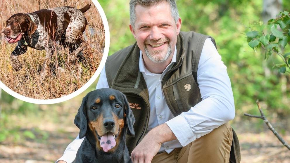 Jäger und Biologe Torsten Reinwald posiert mit seiner Bracke im Wald.