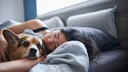 Frau lieg mit Hund zusammen im Bett
