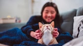 Eine Frau kuschelt mit ihrer roten Katze auf der Couch.