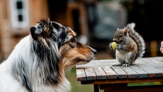 Hund beobachtet Eichhörnchen mit Weintraube