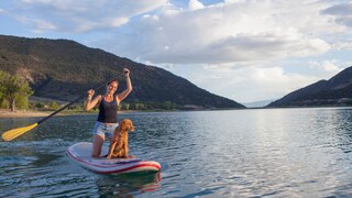 Eine Frau kniet auf ihrem Stand-Up Paddle mit ihrem Hund.