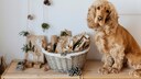 Cocker Spaniel sitzt vor selbst gebastelten Adventskalender