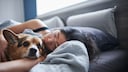 Frau kuschelt mit ihrem Hund im Bett