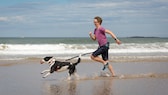 Junge Frau und Hund rennen gemeinsam am Strand