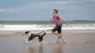 Junge Frau und Hund rennen gemeinsam am Strand