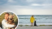 Collage aus Frau bei Regen am Strand mit Hund und Porträt von Hundetrainer Jochen Bendel