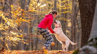 Junge Frau mit Hund im Wald