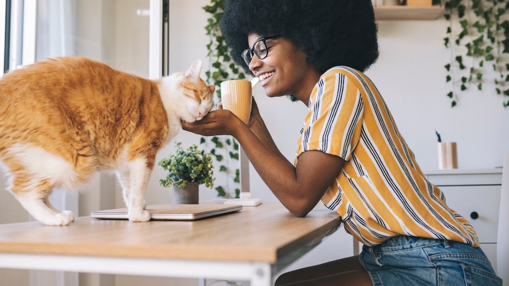 Junge Frau kuschelt mit Katze