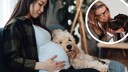 Collage aus Schwangerer mit Hund auf dem Sofa und Portr&auml;t von Hundetrainerin Katharina Marioth