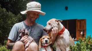 Niall Harbison mit drei Hunden auf Ko Samui