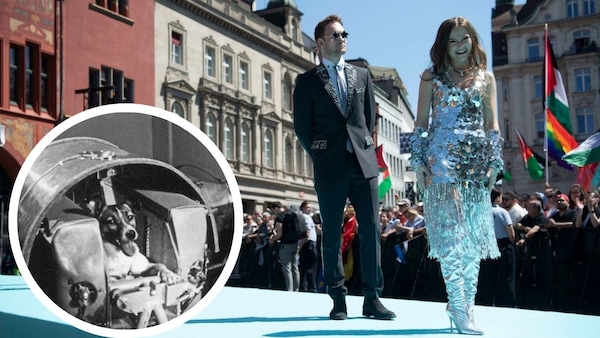 Collage aus Sängerin Emmy in Basel mit Hündin Laika