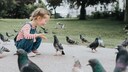 Kleines M&auml;dchen interagiert mit Tauben im Stadtpark