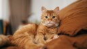 Orangene Katze liegt auf brauner Decke