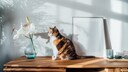 Katze auf einem Sideboard, neben ihr eine Vase mit weißen Lilien