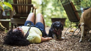 Frau liegt auf dem Boden mit angewinkelten Beinen während der Hund daneben steht