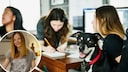 Sch&uuml;lerinnen mit einem Hund im Klassenraum.