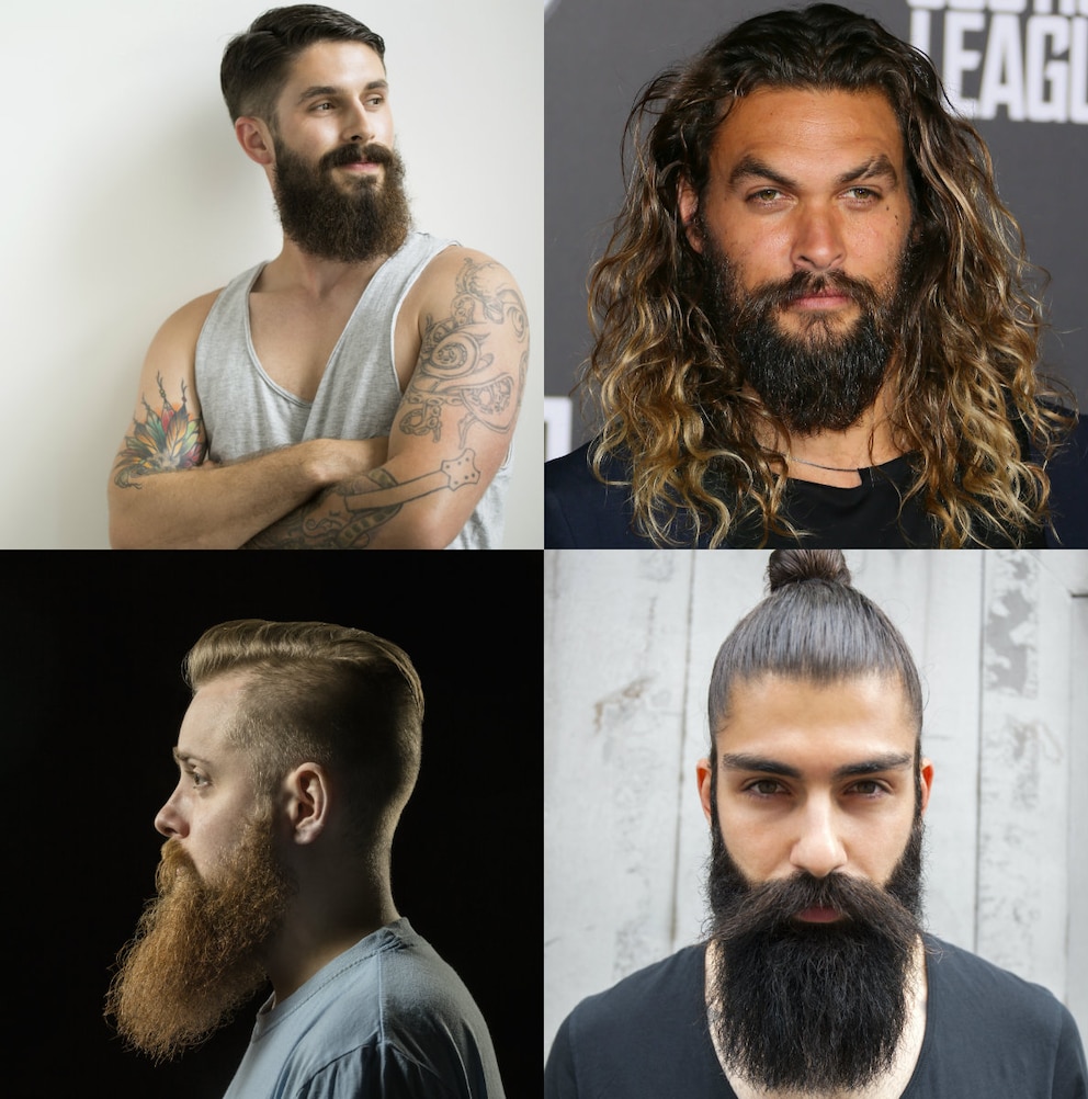  M&auml;nner mit Hipster-Vollbart. Prominenter Tr&auml;ger: Jason Momoa (rechts oben)