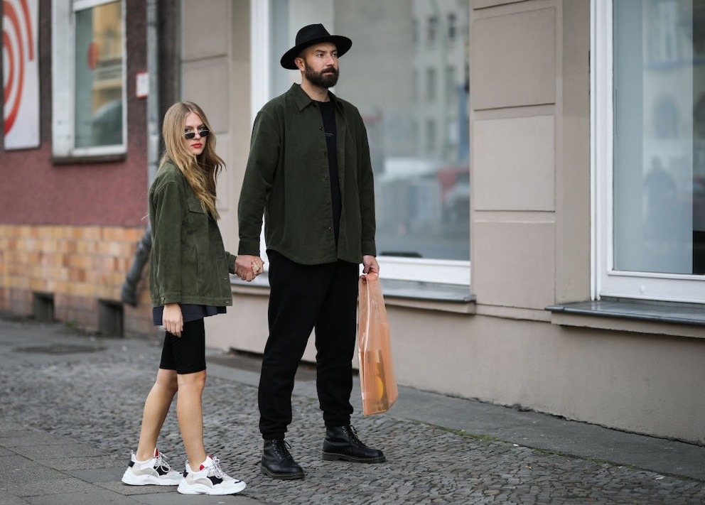 BERLIN, GERMANY - MARCH 20: Olja Ryzevski wearing Jacket Sandro Paris, Shirt Balenciaga, Shorts Vivetta, Bag Samsoe Samsoe, Shoes Iro Paris, Sunglasses kuboraum via Luisaviaroma and Mauricio Corridan wearing Shirt Acne studios, Hat Lackofcolor, Pants carhartt, T-Shirt Acne Studios, Shoes Dr. Martens on March 20, 2019 in Berlin, Germany. (Photo by Jeremy Moeller/Getty Images)