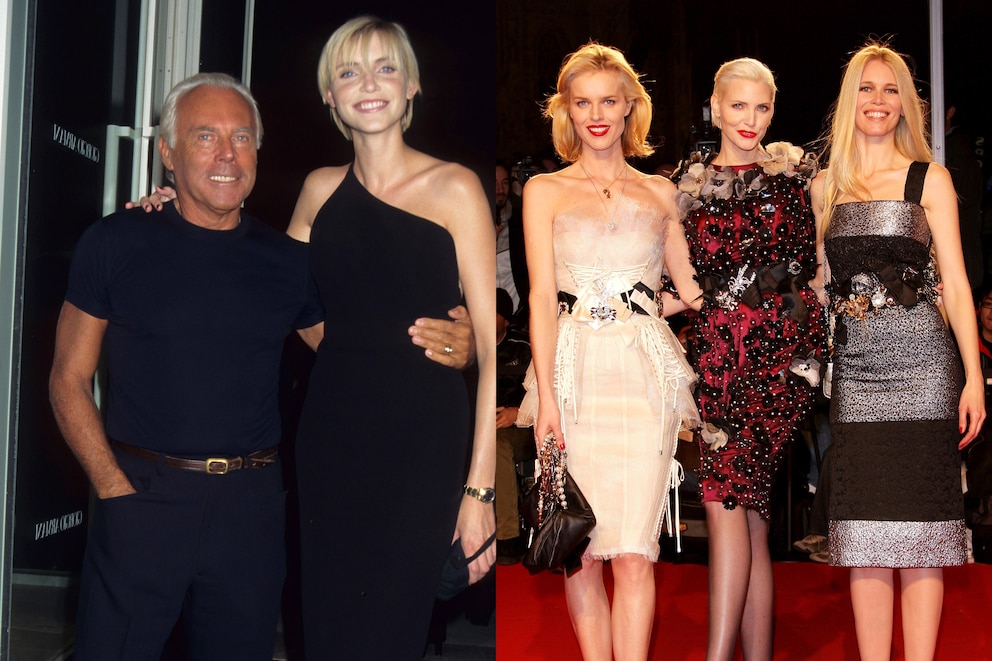 Nadja Auermann mit Designer Giorgio Armani 1996 und 2009 umrahmt von den Ex-Kolleginnen Eva Herzigova und Claudia Schiffer.