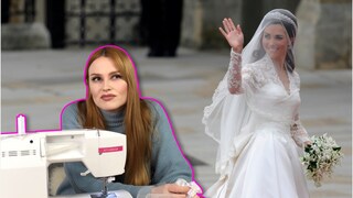 Frau an der Nähmaschine neben Kates Brautkleid