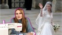 Frau an der Nähmaschine neben Kates Brautkleid