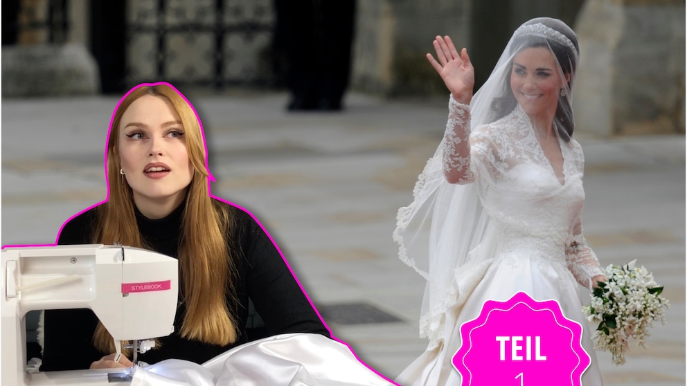 Frau an der Nähmaschine neben Kates Brautkleid